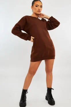 Rebellious Fashion Chocolate Front Pocket Sweatshirt Mini Dress - Niamh