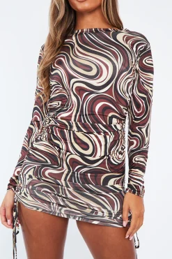 Rebellious Fashion Chocolate Marble Print Long Sleeve Mini Dress - Adanna