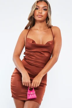 Rebellious Fashion Chocolate Satin Lace Up Bodycon Mini Dress - Sira