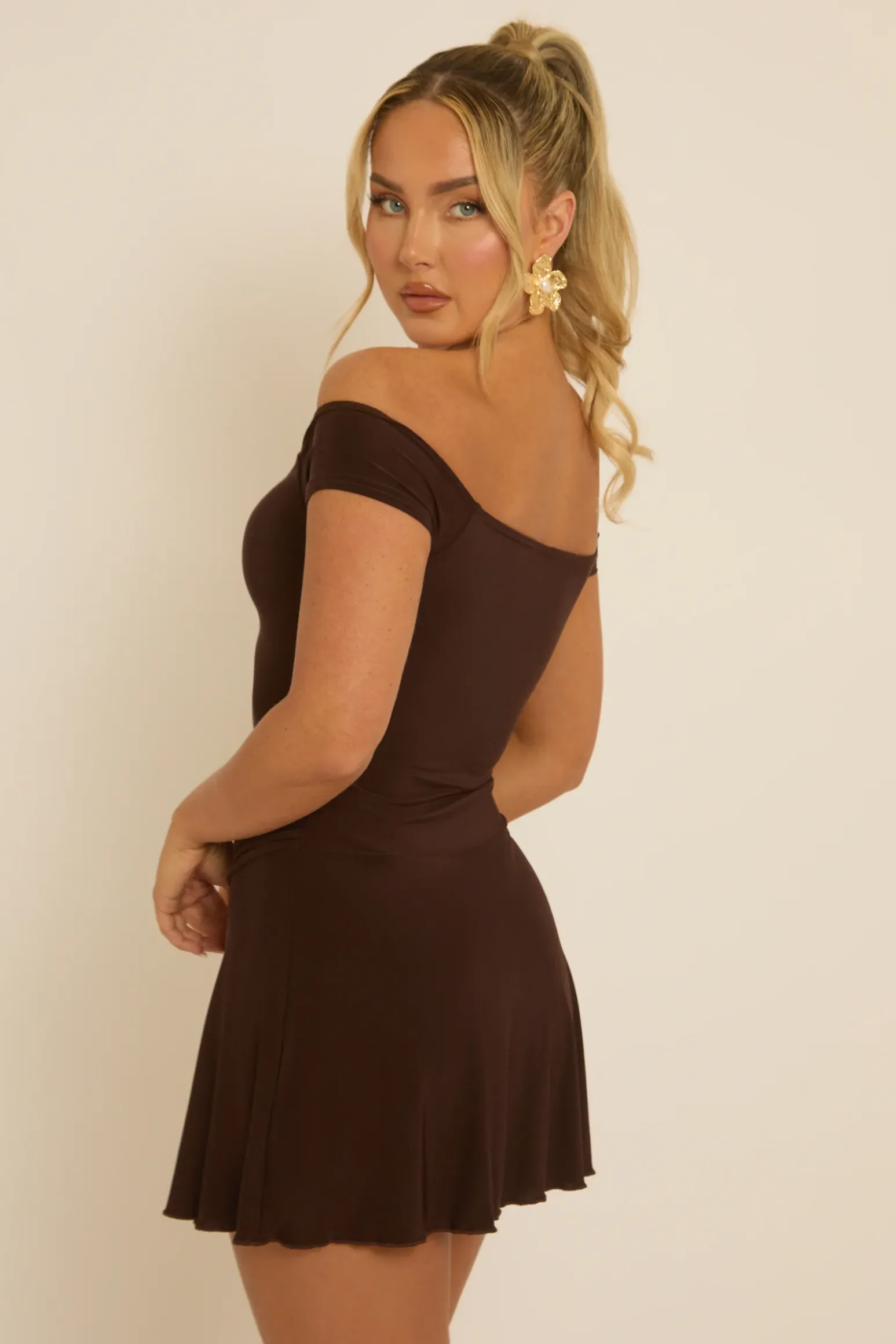 Rebellious Fashion Chocolate Belted Off Shoulder Slinky Mini Dress - Patrice