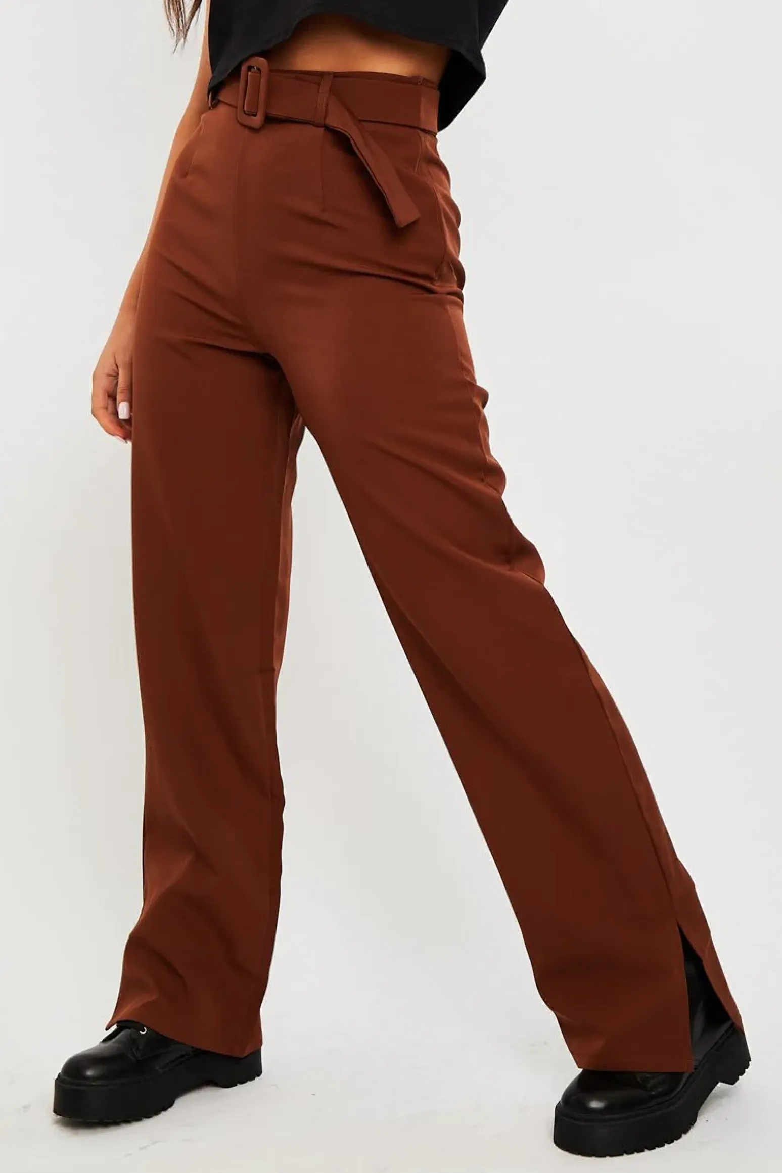 Rebellious Fashion Chocolate Brown Belted Waist Wide Leg Trouser - Kaena