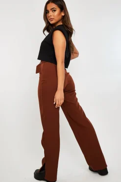 Rebellious Fashion Chocolate Brown Belted Waist Wide Leg Trouser - Kaena