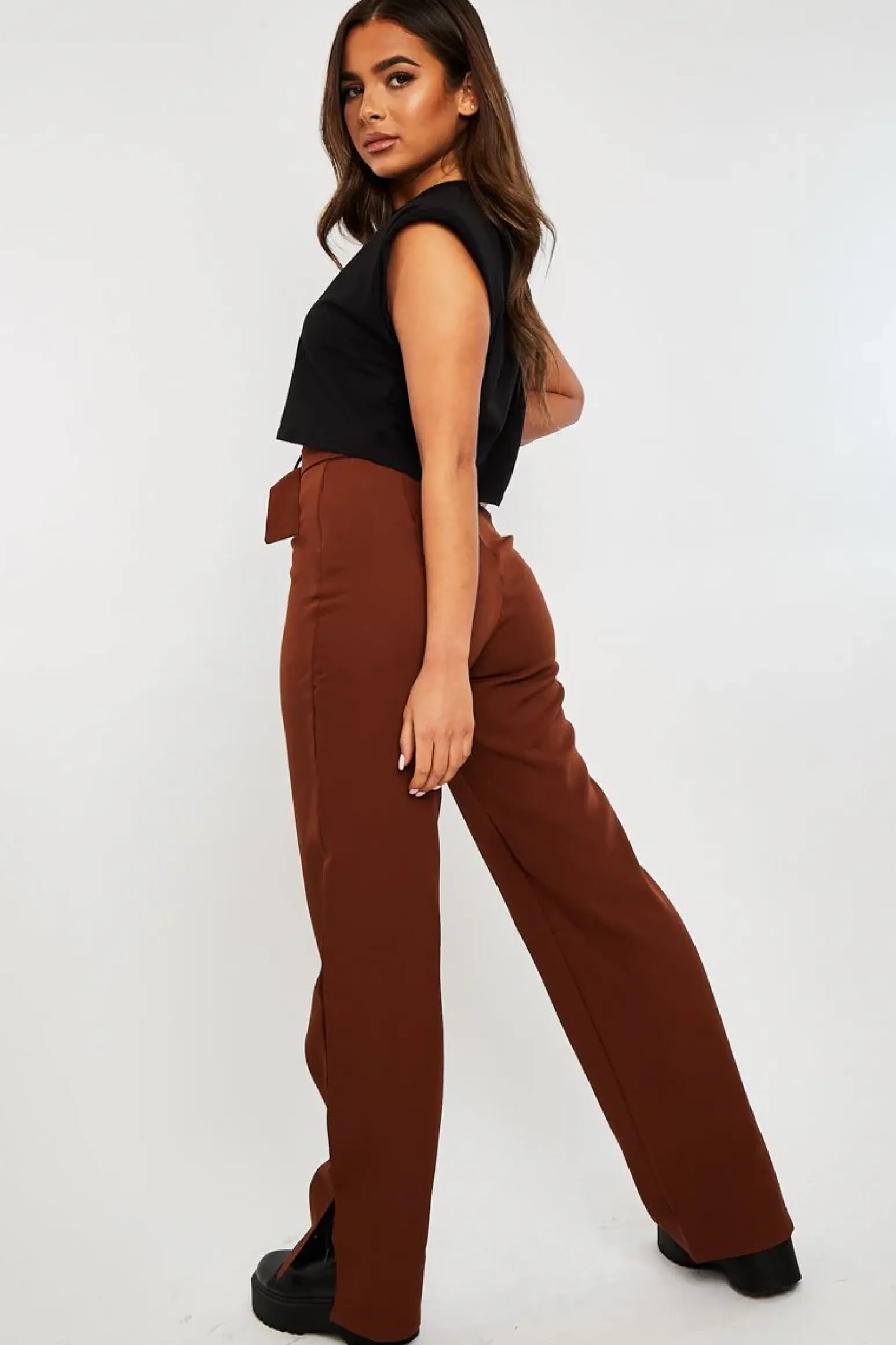 Rebellious Fashion Chocolate Brown Belted Waist Wide Leg Trouser - Kaena