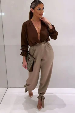 Rebellious Fashion Chocolate Brown Satin Plunge Wrap Bodysuit - Penelopi