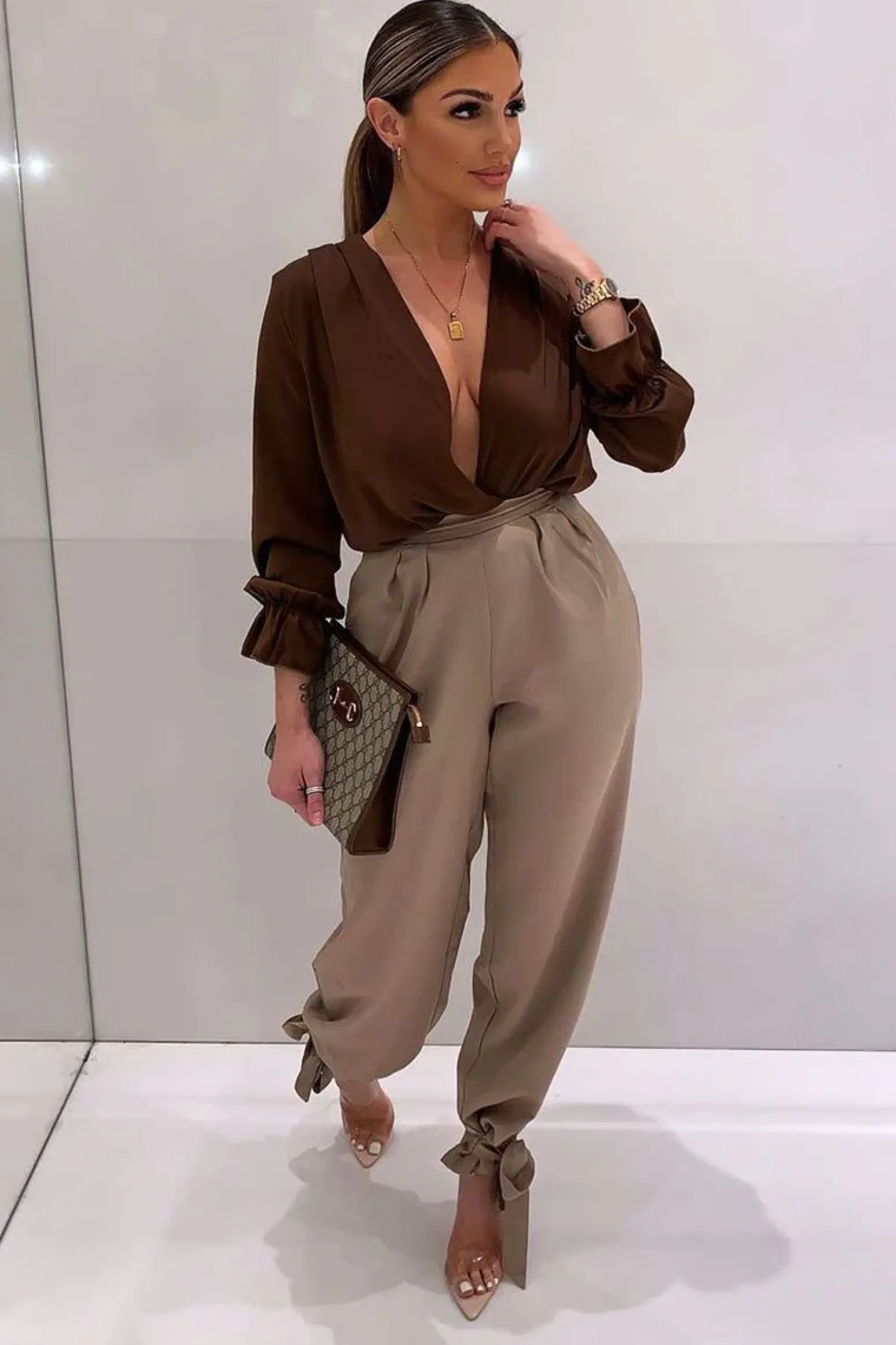 Rebellious Fashion Chocolate Brown Satin Plunge Wrap Bodysuit - Penelopi