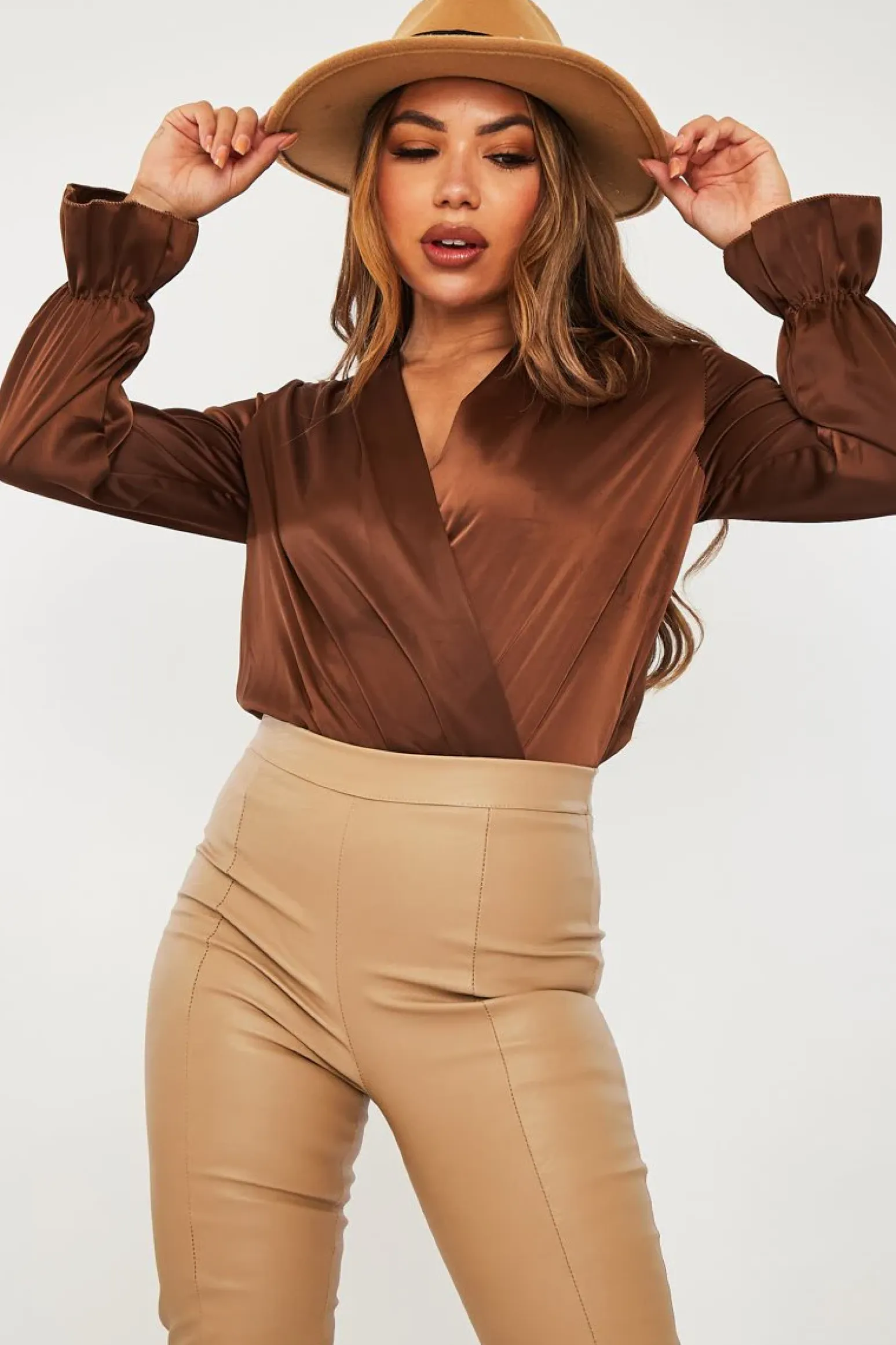 Rebellious Fashion Chocolate Brown Satin Plunge Wrap Bodysuit - Penelopi