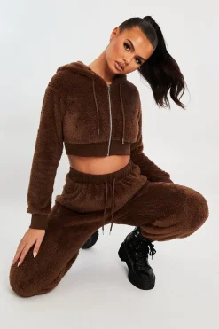 Rebellious Fashion Chocolate Cropped Teddy Zip Up Hoodie - Cheryl