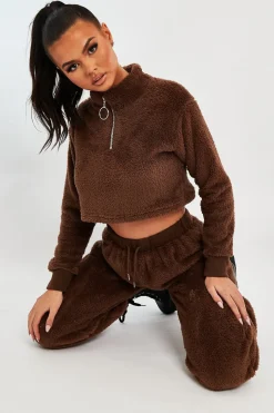 Rebellious Fashion Chocolate Cropped Zip Front Teddy Jumper - Brady