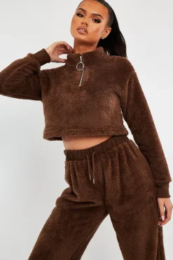 Rebellious Fashion Chocolate Cropped Zip Front Teddy Jumper - Brady