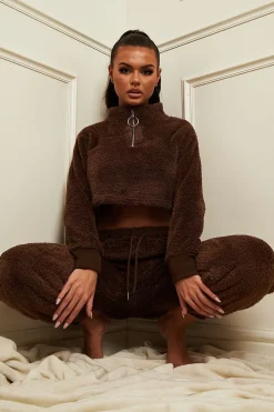 Rebellious Fashion Chocolate Cropped Zip Front Teddy Jumper - Brady