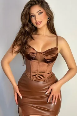 Rebellious Fashion Chocolate Cupped Corset Crop Top - Dixie