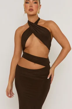 Rebellious Fashion Chocolate Cut Out Halter Maxi Dress - Patrizia