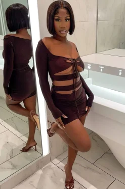 Rebellious Fashion Chocolate Cut Out Tie Front Crop Top & Mini Skirt Set - Kayla