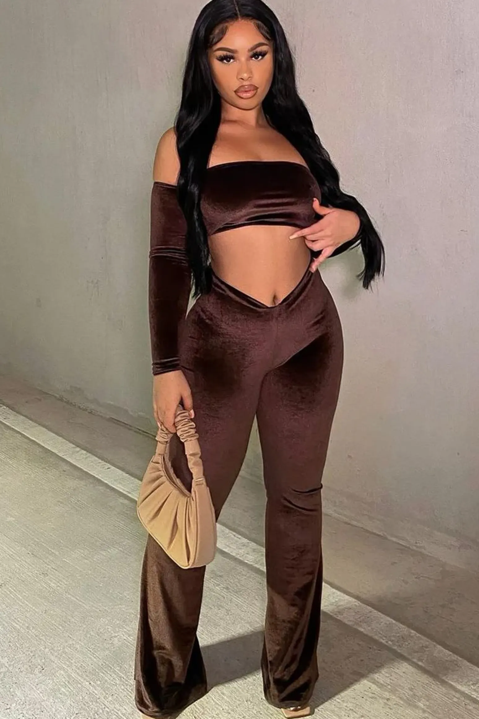 Rebellious Fashion Chocolate Dipped Waist Velvet Flare Trousers - Kehlani