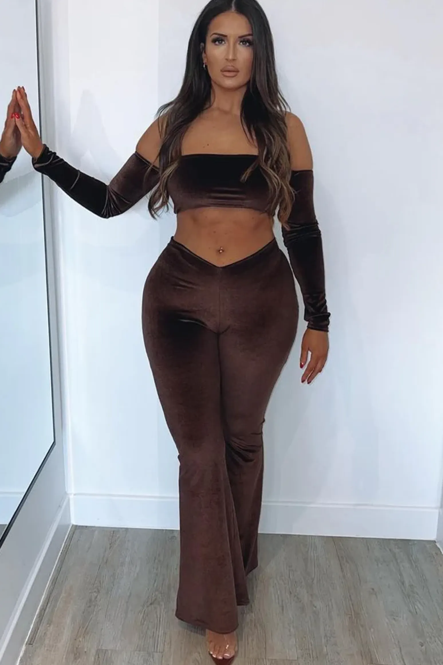 Rebellious Fashion Chocolate Dipped Waist Velvet Flare Trousers - Kehlani