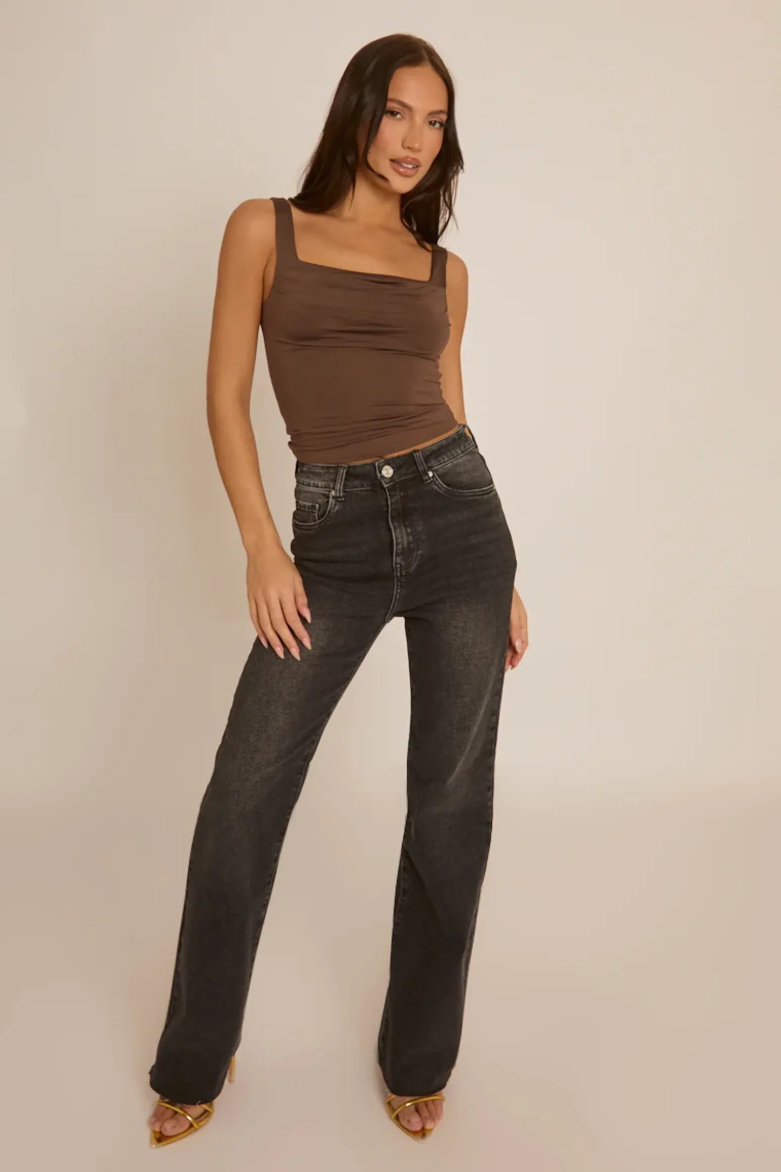 Rebellious Fashion Chocolate Draped Square Neck Top - Marci