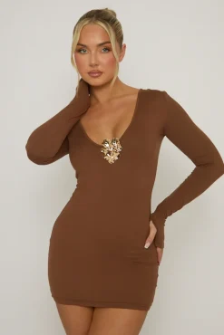 Rebellious Fashion Chocolate Gold Trim Plunge Mini Dress - Briar