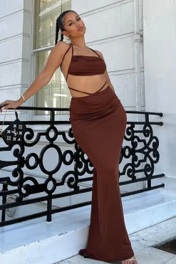 Rebellious Fashion Chocolate Halter Neck Crop Top & Tie Waist Ruched Bum Maxi Skirt Set - Tilly