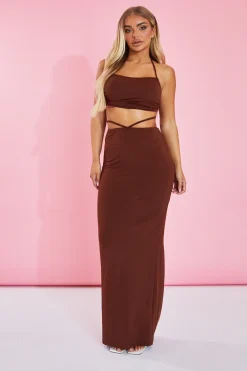 Rebellious Fashion Chocolate Halter Neck Crop Top & Tie Waist Ruched Bum Maxi Skirt Set - Tilly