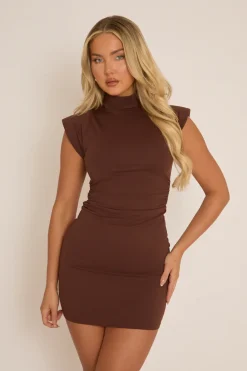 Rebellious Fashion Chocolate High Neck Shoulder Pads Ruched Mini Dress - Meliana