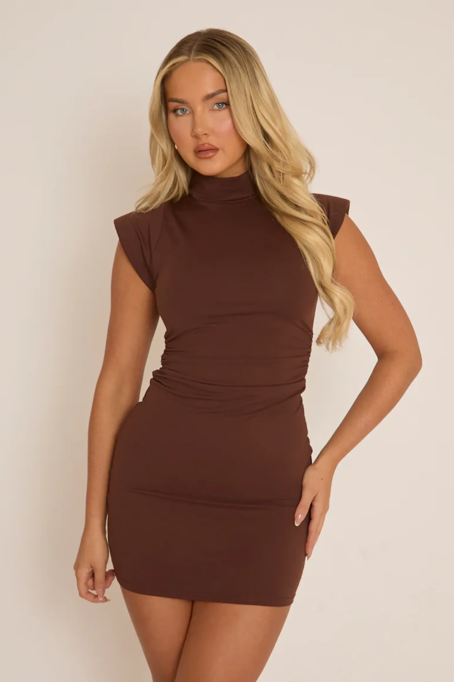 Rebellious Fashion Chocolate High Neck Shoulder Pads Ruched Mini Dress - Meliana