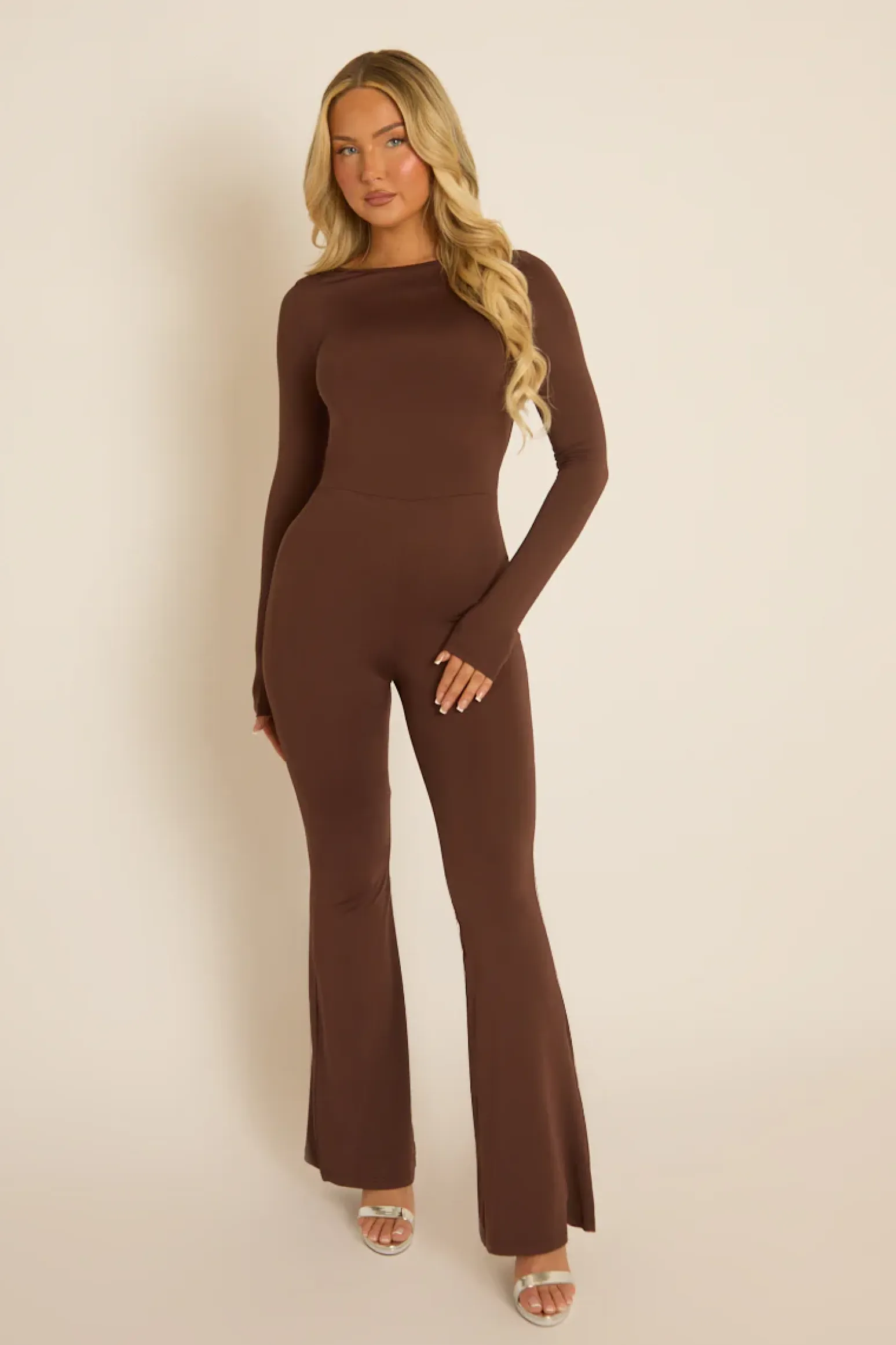 Rebellious Fashion Chocolate Long Sleeve Jumpsuit - Hilda