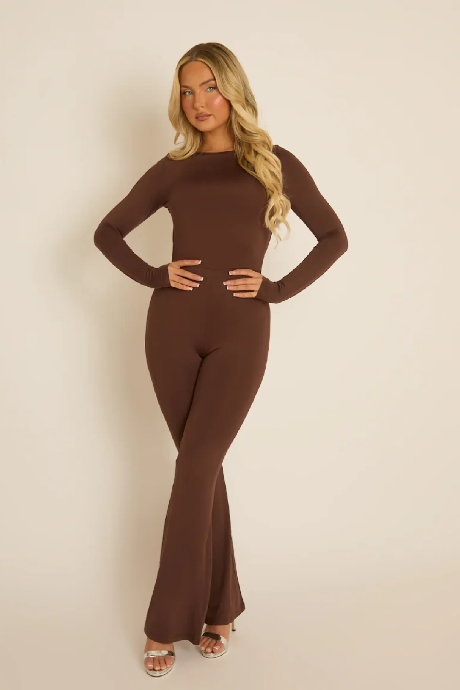 Rebellious Fashion Chocolate Long Sleeve Jumpsuit - Hilda