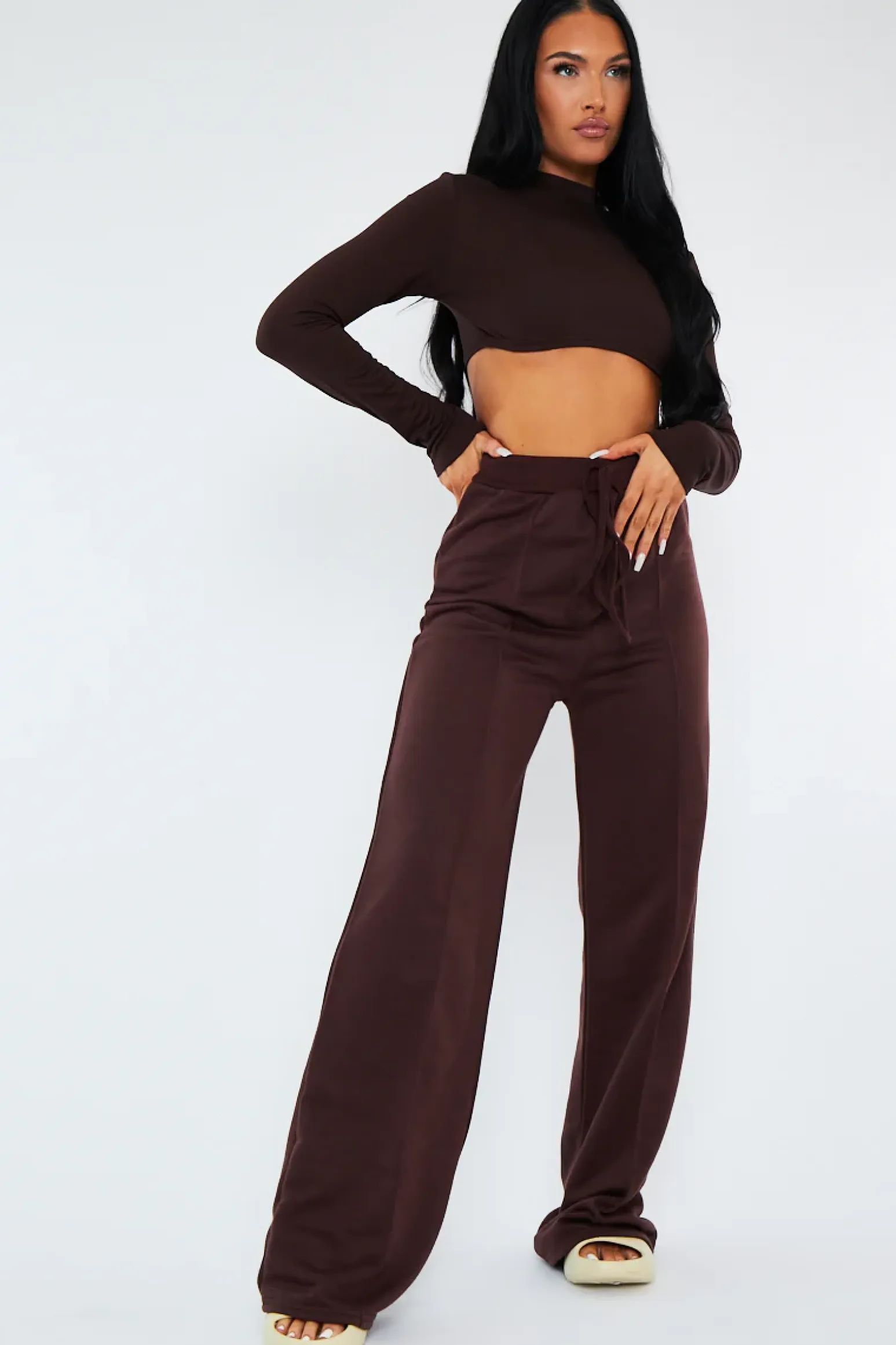 Rebellious Fashion Chocolate Long Sleeve Underbust Crop Top - Tessa