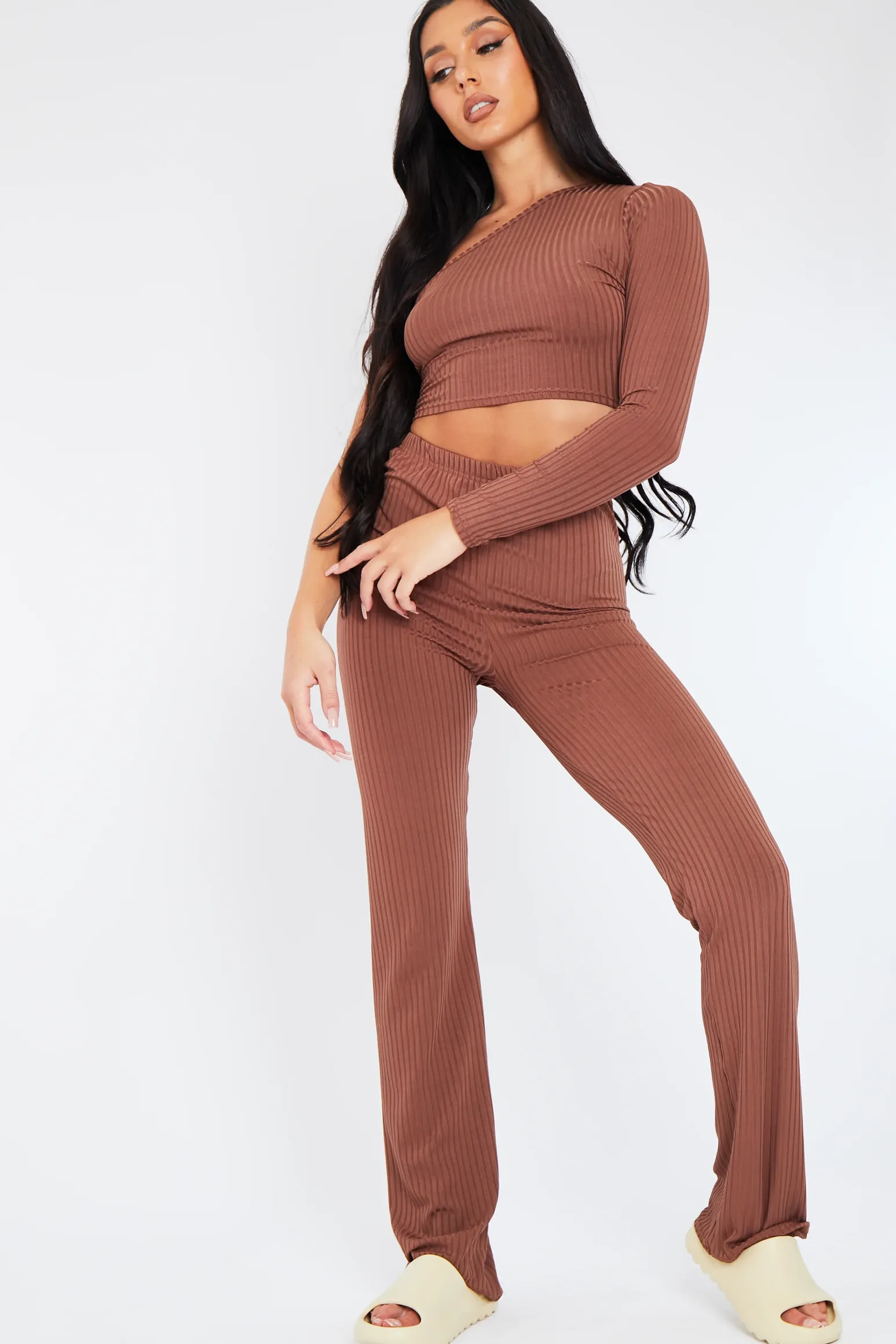 Rebellious Fashion Chocolate One Shoulder Crop Top & Trouser Set - Janece
