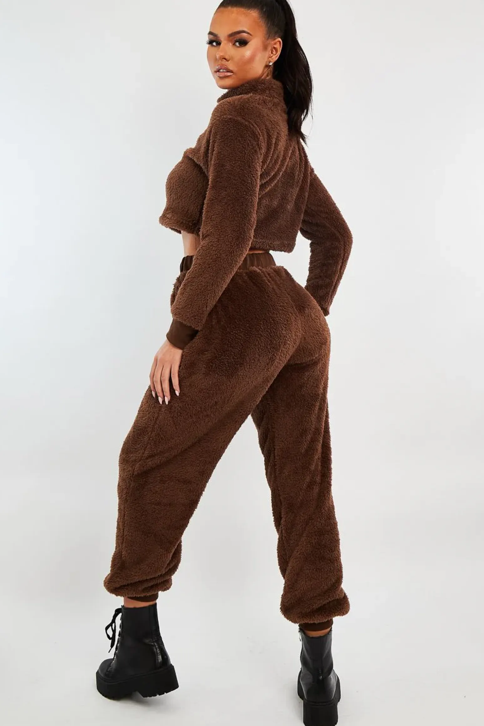 Rebellious Fashion Chocolate Oversized Teddy Joggers - Havana