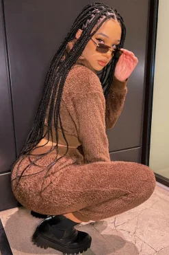 Rebellious Fashion Chocolate Oversized Teddy Joggers - Havana