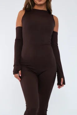 Rebellious Fashion Chocolate Rib Cut Out Shoulder Thumb Hole Jumpsuit - Mel