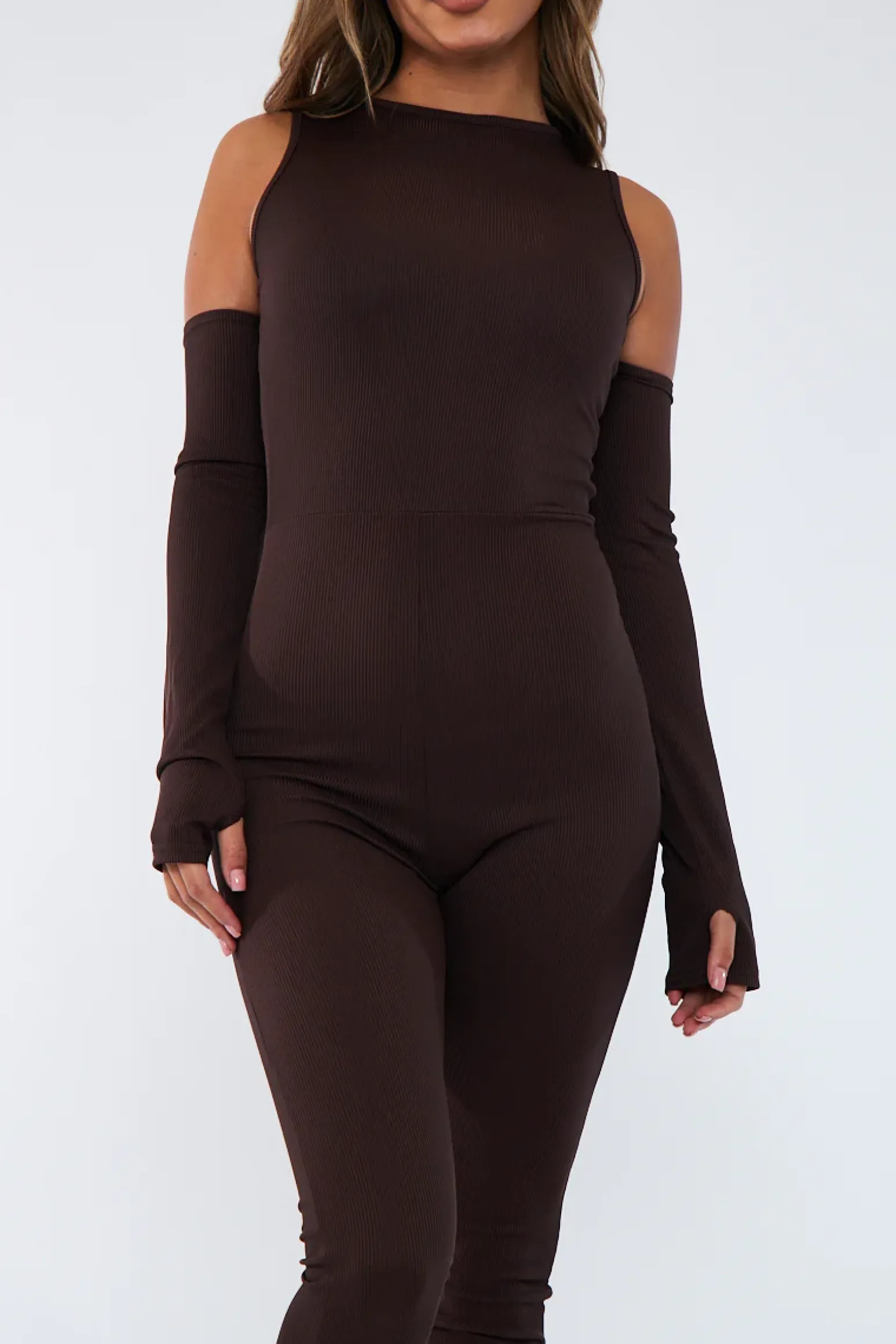 Rebellious Fashion Chocolate Rib Cut Out Shoulder Thumb Hole Jumpsuit - Mel