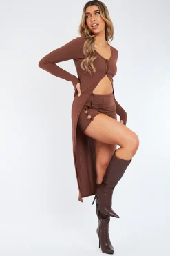 Rebellious Fashion Chocolate Rib Maxi Cardigan & Shorts Set - Charmaine