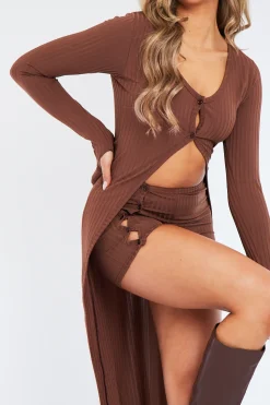 Rebellious Fashion Chocolate Rib Maxi Cardigan & Shorts Set - Charmaine