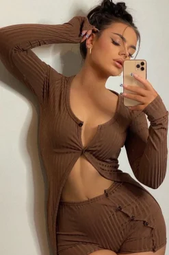 Rebellious Fashion Chocolate Rib Maxi Cardigan & Shorts Set - Charmaine