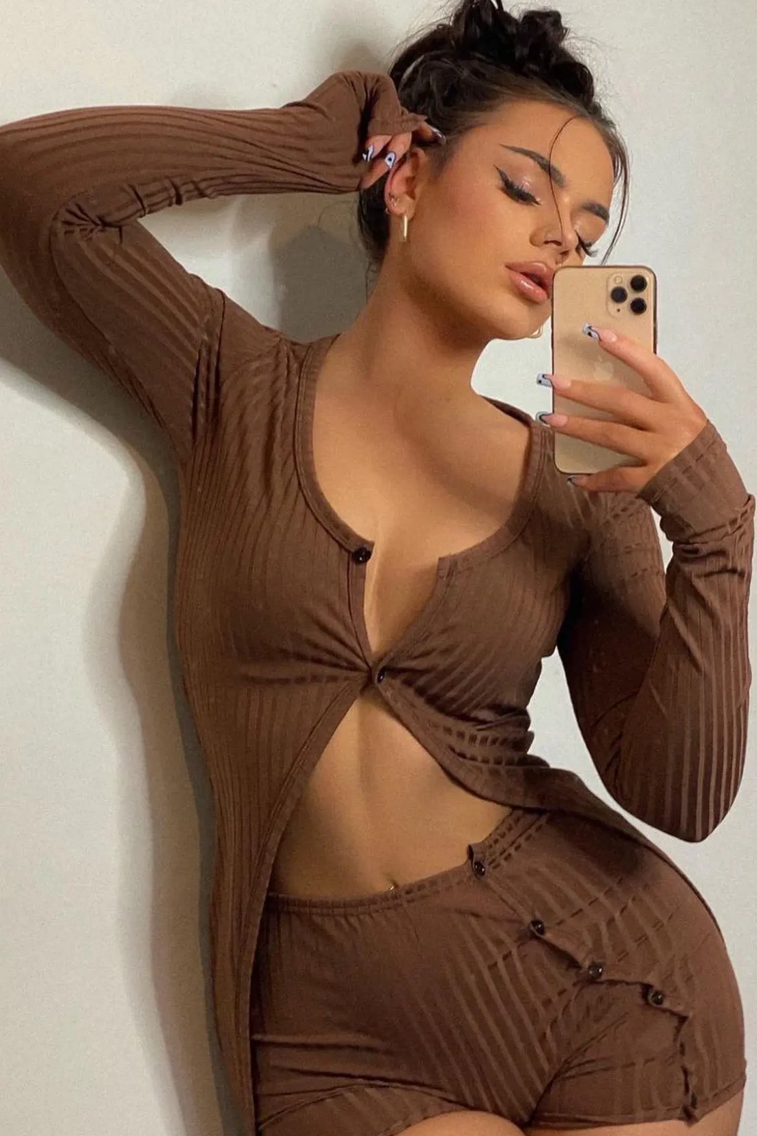 Rebellious Fashion Chocolate Rib Maxi Cardigan & Shorts Set - Charmaine