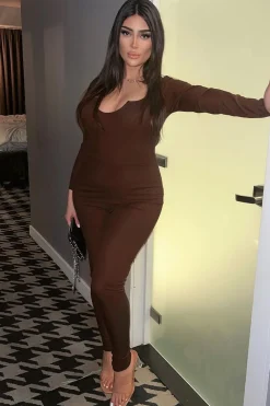 Rebellious Fashion Chocolate Rib Tie Halter Neck Jumpsuit - Asha