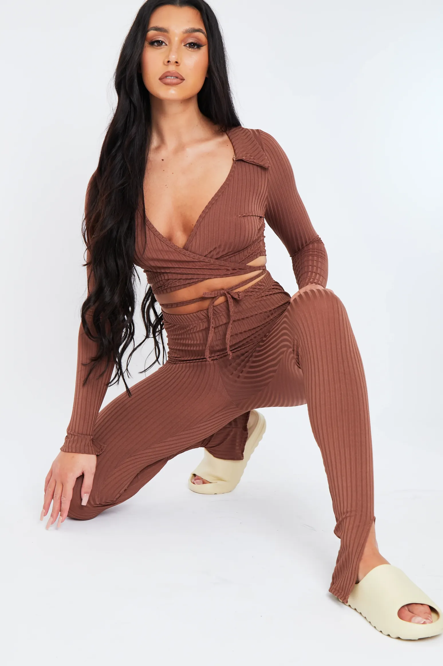 Rebellious Fashion Chocolate Rib Wrap Over Crop Top & Legging Set - Trista