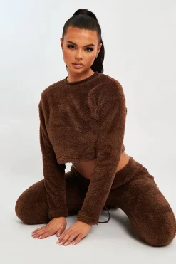Rebellious Fashion Chocolate Round Neck Teddy Sweatshirt - Delsie