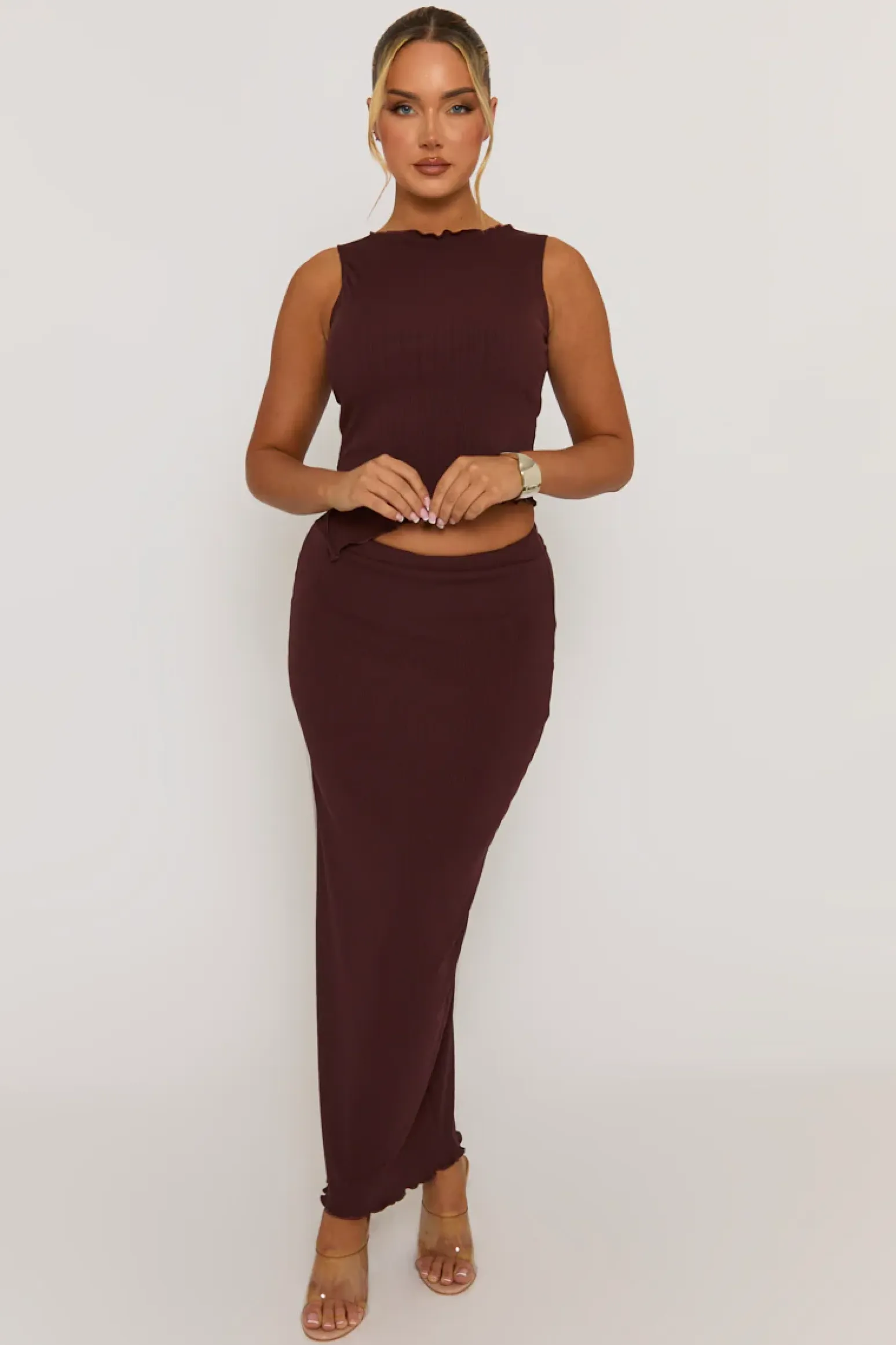 Rebellious Fashion Chocolate Textured Asymmetric Top and Maxi Skirt Co-ord Set - Yeva