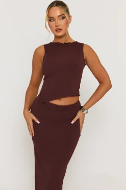Rebellious Fashion Chocolate Textured Asymmetric Top and Maxi Skirt Co-ord Set - Yeva