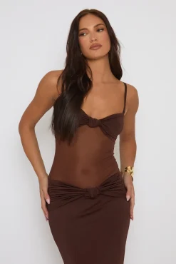 Rebellious Fashion Chocolate Twist Front Mesh Mix Maxi Dress - Lanna