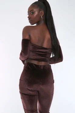 Rebellious Fashion Chocolate Velvet Thumb Hole Bardot Crop Top - Josie