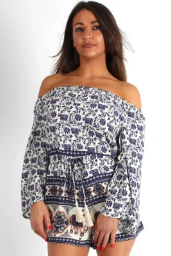 Rebellious Fashion Christa Elephant Print Bell Sleeve Playsuit