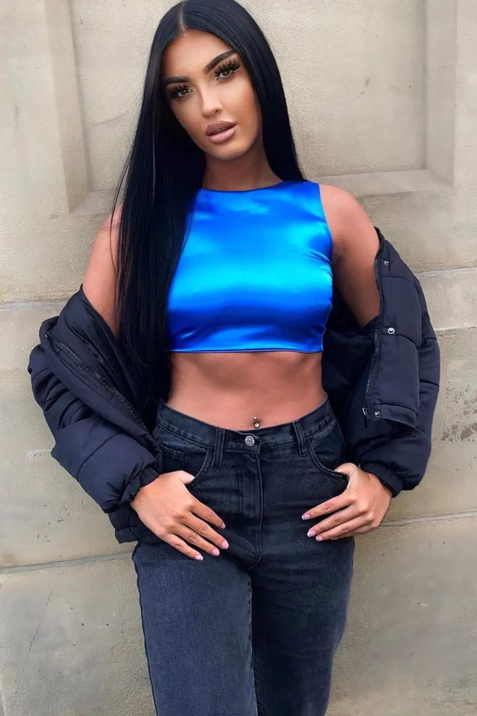 Rebellious Fashion Cobalt Blue Satin Lace Up Back Crop Top - Esti