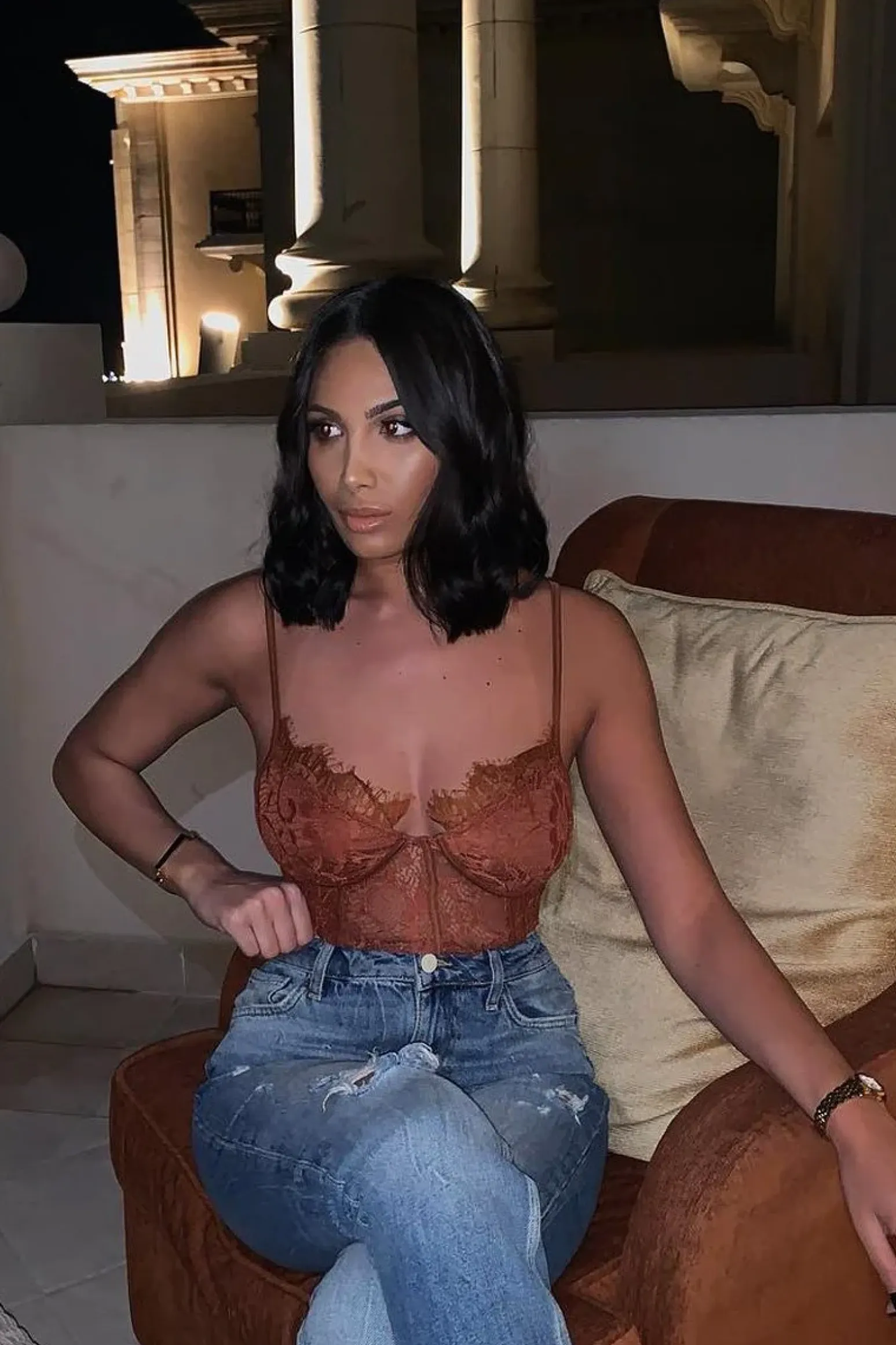 Rebellious Fashion Coffee Lace Flower Bodysuit - Faylen