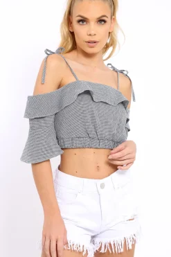 Rebellious Fashion Cold Shoulder Frill Gingham Crop Top - MaryLou