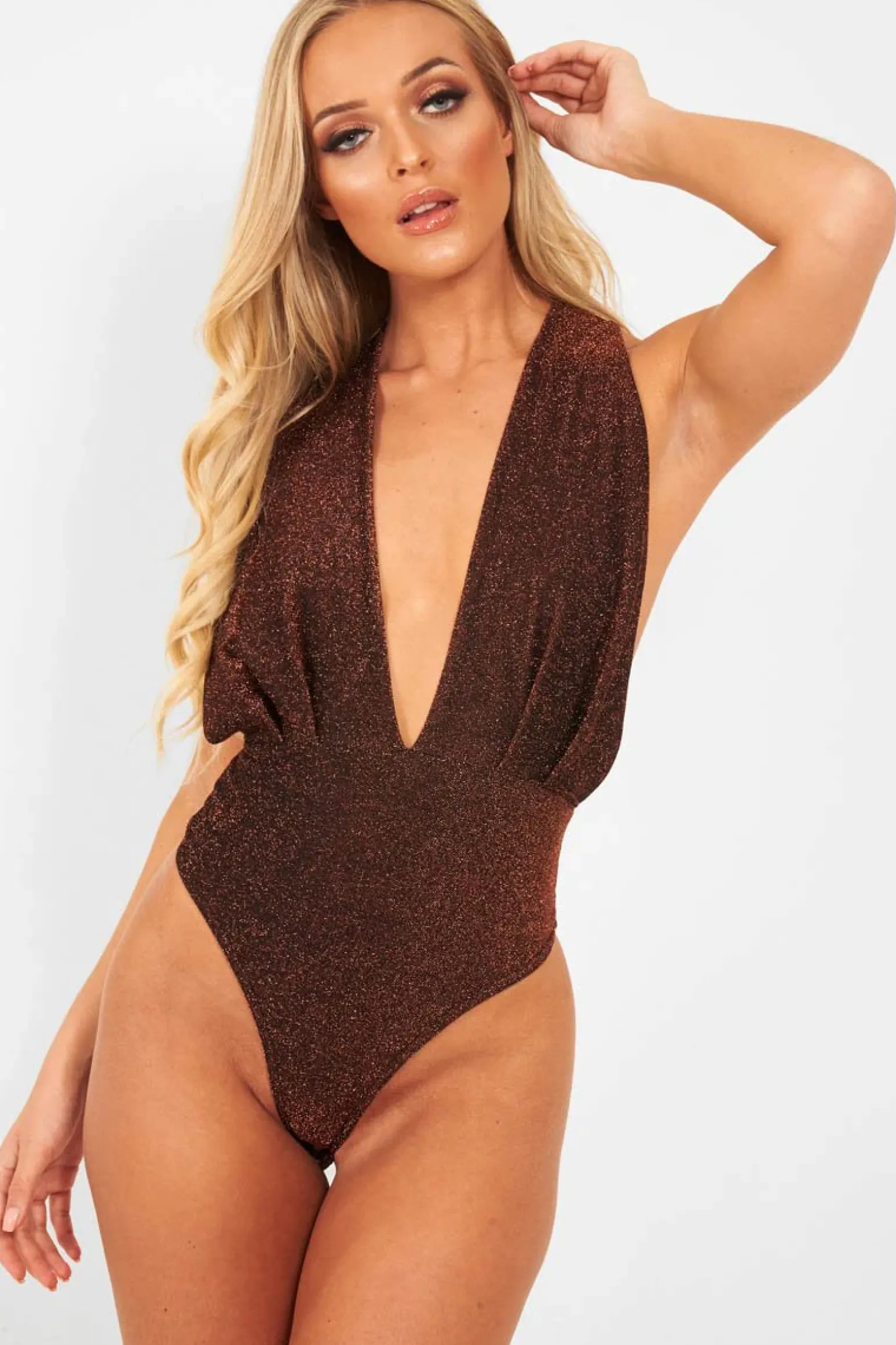 Rebellious Fashion Copper Black Plunge Cross Back Bodysuit - Jolina