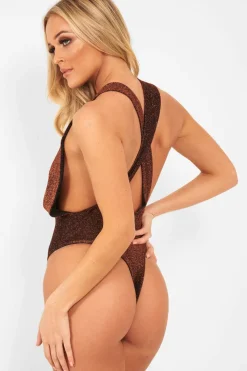 Rebellious Fashion Copper Black Plunge Cross Back Bodysuit - Jolina